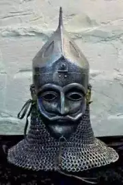 MADIEVAL HISTORICAL EMPEROR WAR HELMET WITH FACE MASK AND CHAINMAIL CURTAIN.