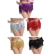 Womens Belly Dance Fringed Short Skirt Sparkling Sequins Tassels Hip Scarf Wrap