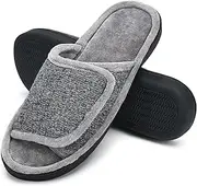 [DL] Adjustable Mens Slippers Memory Foam, Open Toe House Slippers for Men Indoor Outdoor, Breathable Slide Bedroom Slippers for Men Anti-Slip Rubber Sole Black Gray Navy Brown
