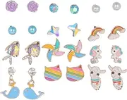 YATEICBC 12 Pairs of Clip-On Earrings, Children's Earrings, Girls, Children, Unicorn Rainbow Flower, Not Pierced Earrings, Princess Jewellery Accessories, Party, Birthday Gift, Silver
