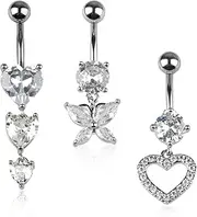 [Maxmoc] Set of 4 Belly Button Piercings, Surgical Steel, Belly Button Piercing, 10 mm, Belly Button Piercing Jewellery, Silver, Barbell Set with Butterfly Heart Pendant for Women, Stainless Steel