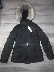 ladies size 10 black topshop sno ski quilted jacket coat belted faux fur hood bn