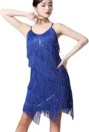 [HEYDHSDC] Women Dance Dress Sequin Tassel Fringe Cocktail Dress Tango Ballroom Dancing Costume