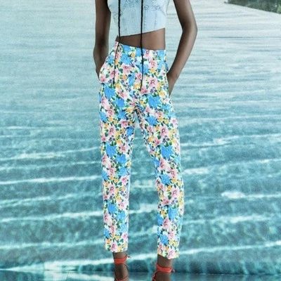 Zara Multicolor Floral High Waist Cropped Women Cigarette Pants Sz L NEW