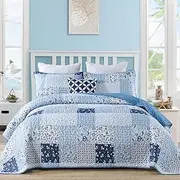 Menghomeus Blue Quilt Set King Boho Patchwork Bedspread Floral Coverlet Reversible Bed Quilt Set All Season Soft Microfiber Bedding Farmhouse Bed Sets, 104"x90"