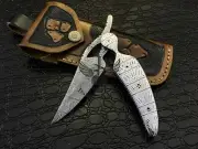 Custom HAND MADE Hand Forged Damascus Steel Folding Knife Engraving Leaf 074.