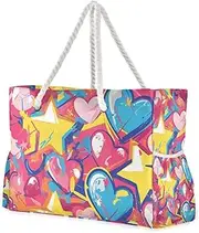 [Yoogain] Graffiti Art Hearts Stars Sweet Sandproof Zipper Totes Bags with side pocketes Large Weekender Bag with cup holders on side, Graffiti Art Hearts Stars Sweet, 1 size