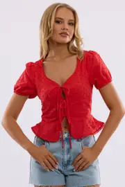 Red Tie Up Top Short Sleeve Eyelet - Size 6XXS, Women's Jacket