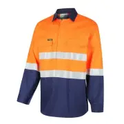 Hi Vis Taped Closed Front Long Sleeve Orange & Navy Cotton Shirt - Medium