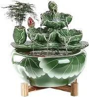 Waterfall Fountain Green Lotus Leaf Fountain, Ceramic Material Fish Tank, Tabletop Fountain with Stable Wooden Base and Atomizer Water Fountains Flowing Water Ornaments