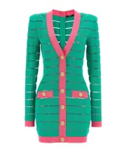 Balmain Button-Embellishment V-Neck Knitted Mini Dress FR38 Green