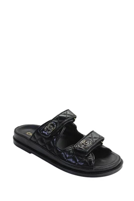 Chanel Womens Leather Quilted Chain Detail CC Mules Black Size 9