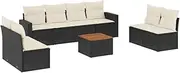 vidaxl 9-Piece Garden Sofa Set with Cushions - Black Poly Rattan Outdoor Furniture - Modular Patio Set - Weather-Resistant and Durable - Acacia Tabletop