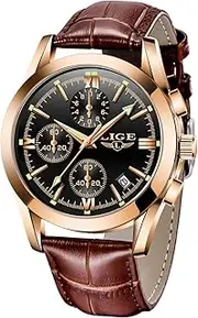 [LIGE] Men's Watches Elegant Luxury Analog Quartz 3ATM Waterproof Chronograph Watch for Male Fashion Casual Leather Round Big Dial Calendar Business Gents Dress Wristwatch