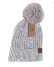 Pearl Embellished Faux Fur Pom C.C Beanie HAT4008
