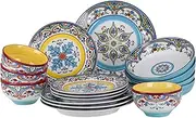 [Euro Ceramica] Zanzibar Double Bowl 16-Piece Dinnerware Set | Fine Kitchenware | Floral Multicolor Design Stoneware Tableware Service for 4