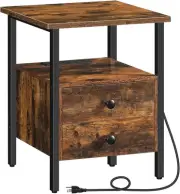 HOOBRO End Table with Charging Station, Bedside Rustic Brown + Black