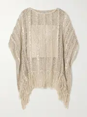 [Brunello Cucinelli] Brunello Cucinelli - Fringed Sequin-embellished Open-knit Top - Sand - small small Neutrals