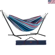 Double Cotton Hammock Denim 450 lb Capacity Steel Stand Portable Carry Bag