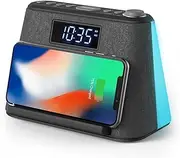 Alarm Clock Bedside FM Radio Non Ticking with USB Charger & Wireless QI Charging, Bluetooth Speaker, RGB LED Night Light, Dimmable Display and White Noise Machine - Mains Powered with Battery Backup