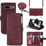 [Jaorty] Fit for Google Pixel 7a Phone Case Wallet for Women with Crossbody Strap Lanyard,Pixel 7a Wallet Case with Card Holer,Zipper Pocket PU Leather Phone Case for Pixel 7a,Burgundy