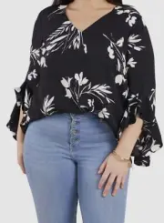 Vince Camuto Women's Black Flutter Sleeve Floral Whisps Tunic Top Plus Size 1X