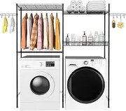 Homezelle Over Washer and Dryer Storage Shelves, 4 Tiers Standing Clothes Drying Rack with Basket, Hanger Rod & Hooks for Laundry Room Storage Organization, Black