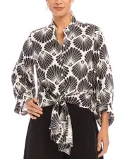 Karen Kane Linen Printed Blouson Sleeve Tie Front Top