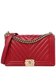 Chanel Red Lambskin Leather Chevron Boy Bag GHW (Authentic Pre-Loved)
