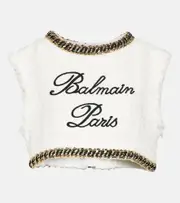 [Balmain] Balmain Logo chain-detail tweed crop top UK 12 white