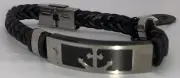 Surf Style Black Braided Leather Anchor Bracelet Stainless Locking Clasp