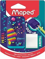 Maped - Duo Pixel Party Eraser Sharpener - 2 in 1-2 Holes + Eraser, PVC and Phthalate Free - with Eraser Refill