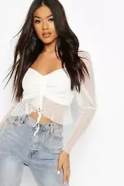 NWT Boohoo Ivory Dobby Mesh Puff Sleeve Tie Front Crop Top Size 4