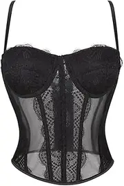 [GHAKKE] Women's Mesh Corset Push Up Bustier Crop Top 3-Breasted Camisole Club Party Vest Overbust Waist Cincher Bodyshaper Top (Color : Black, Size : Small)