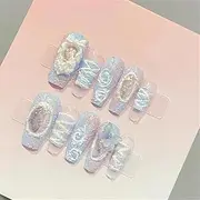 Hand Pressed Nails Fake Nails Blue Long Coffin Tip Fake Nails Nail Set