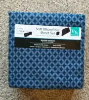 NEW Mainstays Soft Microfiber Sheet Set ~ Sz: T/Txl~Geo Navy Blue Print~3 Pc Set