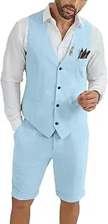 [HUEZOE] Mens Linen Suit 2 Piece Short Suits for Men Casual Summer Beach Groom Wedding Suit Linen Vest Shorts Set