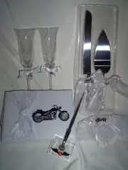 NEW MOTORCYCLE WEDDING GUEST BOOK, CAKE SERVERS, TOASTING GLASSES, GARTER