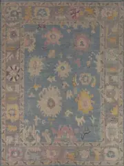 Blue Floral Oushak Turkish Rug 8x10 Handmade Wool Traditional Carpet