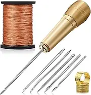 WILLBOND 6 Pieces Canvas Leather Sewing Awl Needle with Copper Handle, 50 m Nylon Cord Thread and 2 Pieces Thimble for Handmade Leather Sewing Tools Shoe and Repair