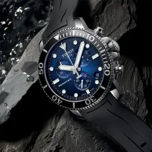 【TISSOT 天梭】水鬼 Seastar 1000 海洋之星300米潛水三眼計時錶-藍x黑/45mm 送行動電源(T1204171704100)