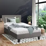 Oikiture Single Bed Frame with Bed Head and Solid Plywood Slats Single Size Bed Mattress Platform Grey
