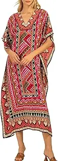 [L-Peach] Women Bohemian Print Caftan Loungewear Nightgown Maxi Sleepwear Beach Dress Swimsuit Cover ups