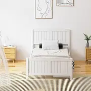 OIKITURE Single King Wooden Bed Frame, Pinewood Bed Frame Platform with Bed Head and High Bed Leg, Extra 2 Storage Drawers with Wheels - Compatible with Australian-Sized Mattresses, 211X115X94cm ﻿