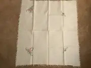 Embroidered Basket of Flowers 36” Square Tablecloth including Fringe Vintage