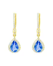 Meira T 14K Yellow Gold Blue Sapphire & Diamond Halo Dangle Huggie Hoop Earrings