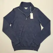 $235 New BRAX Men's Quarter Zip Sweater SMALL 48 COTTON LINEN Ocean Blue STEFFEN