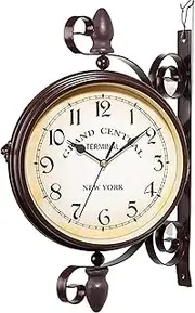 Wall Clock Art Clock Outdoor Garden Wall Clock, 15 Inch Vintage 360° Rotate Double Sided Wall Clock, Silent Train Station Clock with Bracket, Garden Clock Double Faced Clock Wall Decor Clock