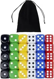 22MM 30Pcs Large Dice,6 Colors 6 Sided Acrylic Dice Set,Rounded Corner Dice Set Dice,D6 Dice Game for Tenzi, Farkle,Yahtzee,Perudo Math Teaching,Family Party,with 1 Dice Bag (22MM 30 PCS Dice)