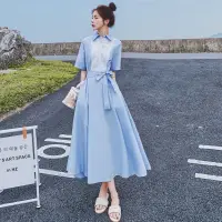 在飛比找蝦皮商城精選優惠-【S-XL】藍色法式復古洋裝女中長款2022夏季新款襯衫裙氣
